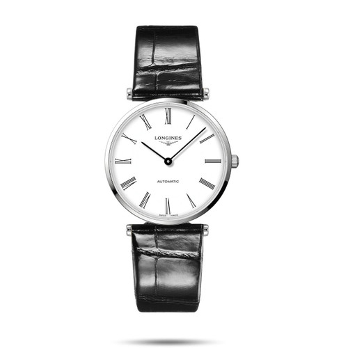 Longines La Grande Classique de Longines watch, elegant wristwatch with white dial, black Roman numeral markers, black hands, and black leather strap.