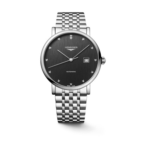 Longines The Longines Elegant Collection, luxury men's automatic watch with black dial, diamond hour markers, date display, and stainless steel bracelet.