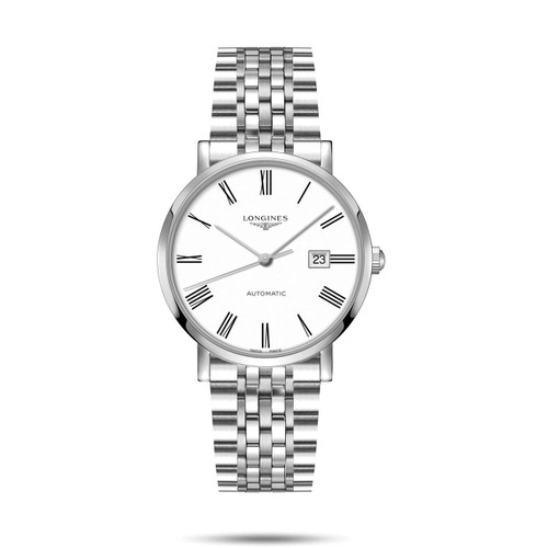 Longines The Longines Elegant Collection [L4.911.4.11.6], wristwatch with a silver stainless steel bracelet and case, white dial with black Roman numeral markers, date display, and automatic movement.