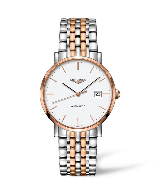 LONGINES THE LONGINES ELEGANT COLLECTION [L4.910.5.12.7], luxury wristwatch with a white dial, rose gold bezel, and two-tone stainless steel and rose gold bracelet.