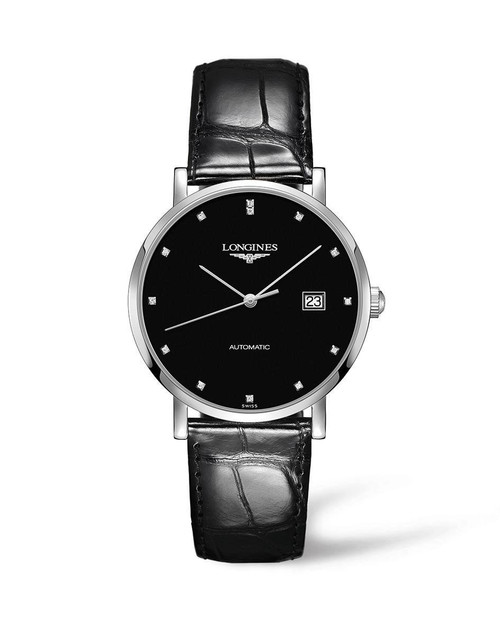 LONGINES THE LONGINES ELEGANT COLLECTION [L4.910.4.57.2], luxury men's wristwatch with a black dial, silver case, diamond hour markers, date display, and black leather strap.