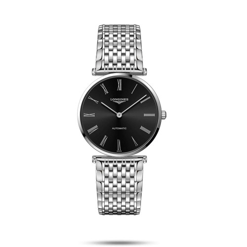 Longines La Grande Classique de Longines watch, elegant stainless steel bracelet and black dial with Roman numerals.