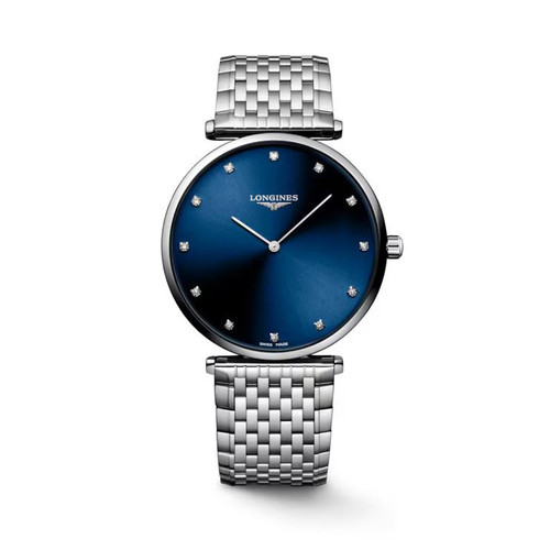 Longines La Grande Classique de Longines watch, elegant stainless steel bracelet and a deep blue dial with diamond hour markers.