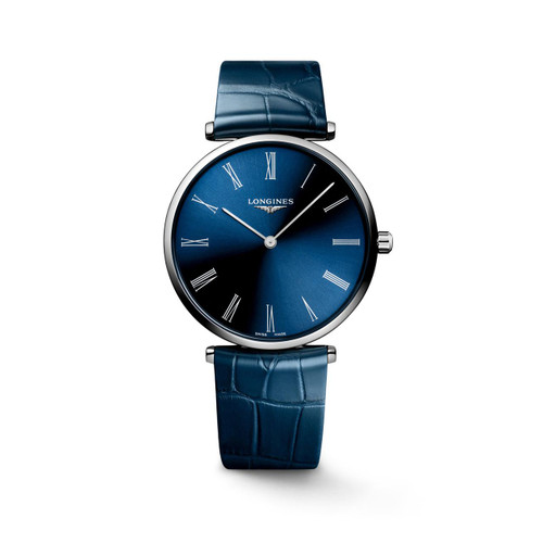 LONGINES LA GRANDE CLASSIQUE DE LONGINES [L4.866.4.94.2], luxury men's wristwatch with a deep blue sunray dial, Roman numeral hour markers, and a matching blue alligator strap.
