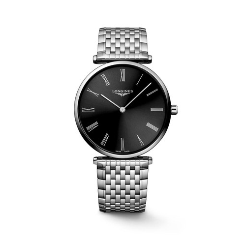Longines La Grande Classique de Longines watch, sleek black dial with Roman numerals and silver bracelet.