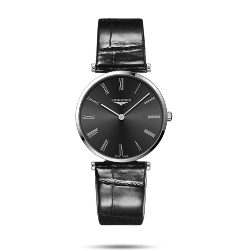 LONGINES LA GRANDE CLASSIQUE DE LONGINES [L4.866.4.51.2], black dial leather strap wristwatch with silver case and Roman numeral markers.