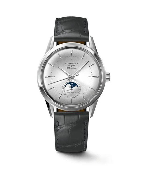 Longines Heritage Classic [L4.815.4.72.2], a luxury men's wristwatch with a silver dial, moon phase complication, and black leather strap.