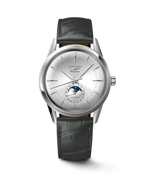 Longines Heritage Classic [L4.815.4.72.2], a luxury men's wristwatch with a silver dial, moon phase complication, and black leather strap.