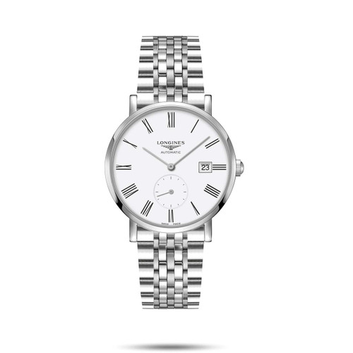 LONGINES THE LONGINES ELEGANT COLLECTION [L4.812.4.11.6], stainless steel wristwatch with white dial, Roman numeral hour markers, date display, and small seconds subdial.