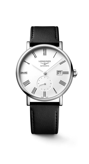 LONGINES THE LONGINES ELEGANT COLLECTION [L4.812.4.11.0], wristwatch with a round silver case, white dial featuring Roman numeral hour markers, a date window at 3 o'clock, and a small seconds subdial at 6 o'clock, black leather strap, and automatic movement.