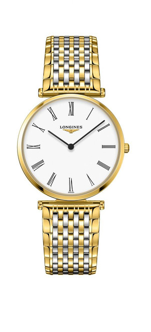 LONGINES La Grande Classique de Longines watch, gold and silver two-tone metal bracelet with white dial and black roman numerals.