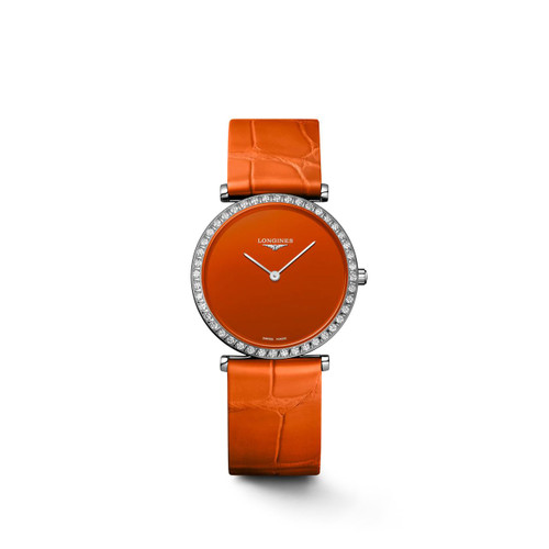 Longines La Grande Classique de Longines watch, orange dial with diamond bezel and orange strap.