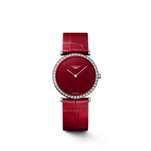 Longines La Grande Classique de Longines watch, luxury red dial with diamond bezel and red leather strap, elegant Swiss Made timepiece with minimalist design.