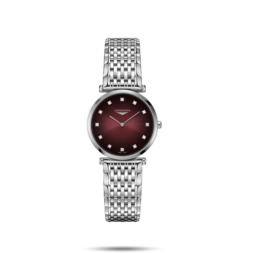 LONGINES LA GRANDE CLASSIQUE DE LONGINES [L4.512.4.91.6], Elegant wristwatch with a deep red sunburst dial, silver-tone hands, and diamonds indicating the hours, complemented by a stainless steel bracelet.
