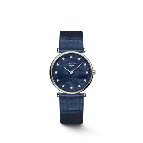 LONGINES La Grande Classique de Longines, wristwatch with a blue mother-of-pearl dial, diamond hour markers, and a blue leather strap.
