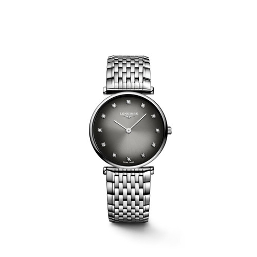 Longines La Grande Classique de Longines wristwatch, elegant silver watch with diamond hour markers and a stainless steel bracelet.