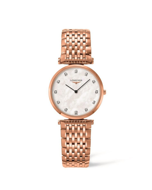 LONGINES La Grande Classique de Longines [L4.512.1.97.8], elegant ladies' wristwatch with a rose gold-tone stainless steel bracelet and a white mother-of-pearl dial featuring diamond hour markers.