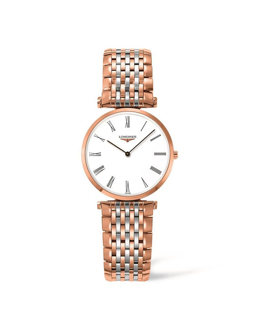 LONGINES La Grande Classique de Longines [L4.512.1.91.7], a luxury wristwatch with a white dial, Roman numeral hour markers, and a two-tone rose gold and silver bracelet.