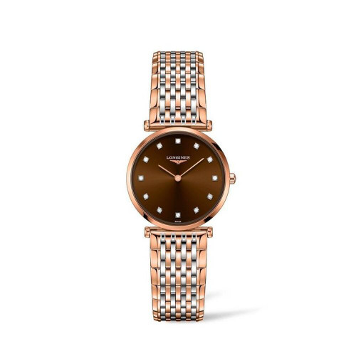 LONGINES LA GRANDE CLASSIQUE DE LONGINES [L4.512.1.67.7], luxury women's watch with a two-tone rose gold and silver bracelet and a brown dial with diamond hour markers.