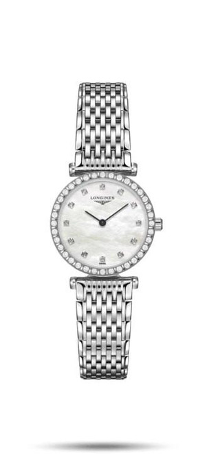 LONGINES LA GRANDE CLASSIQUE DE LONGINES [L4.341.0.80.6], a luxurious women's wristwatch with a silver stainless steel bracelet and a round white mother-of-pearl dial embellished with diamonds.