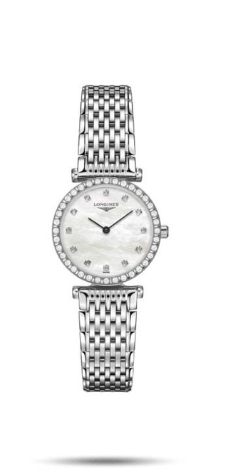LONGINES LA GRANDE CLASSIQUE DE LONGINES [L4.341.0.80.6], a luxurious women's wristwatch with a silver stainless steel bracelet and a round white mother-of-pearl dial embellished with diamonds.