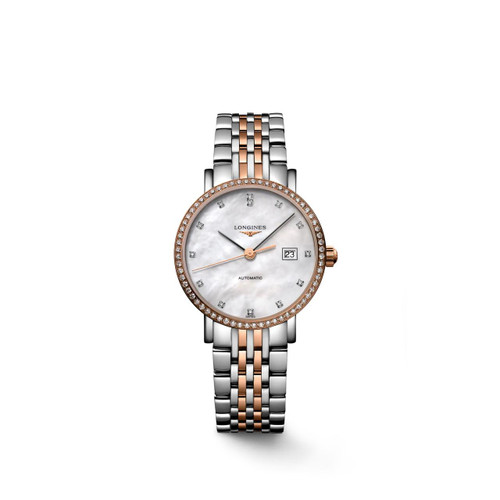 LONGINES THE LONGINES ELEGANT COLLECTION [L4.310.5.88.7], luxury women's watch with a mother-of-pearl dial, diamond-studded bezel, and two-tone stainless steel and rose gold bracelet.