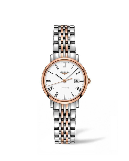 LONGINES THE LONGINES ELEGANT COLLECTION [L4.310.5.11.7] watch, two-tone bracelet with stainless steel and rose gold, round white dial with Roman numerals, date display, and three hands.