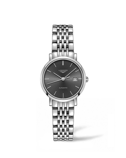 Longines The Longines Elegant Collection [L4.310.4.72.6], a silver stainless steel wristwatch with a dark gray dial, date window at 3 o'clock, and classic three-hand markers.