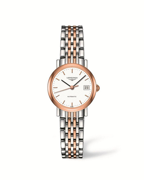 LONGINES THE LONGINES ELEGANT COLLECTION [L4.309.5.12.7], a luxury wristwatch with a white dial, rose gold bezel, and two-tone stainless steel and rose gold bracelet.