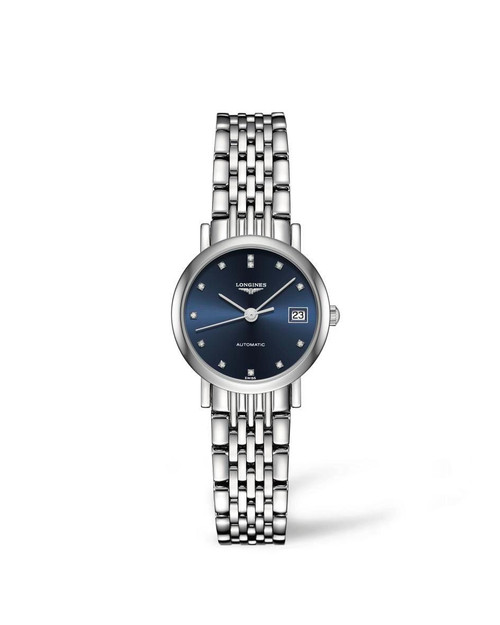 Longines The Longines Elegant Collection [L4.309.4.97.6], silver stainless steel watch with blue dial and diamond hour markers.