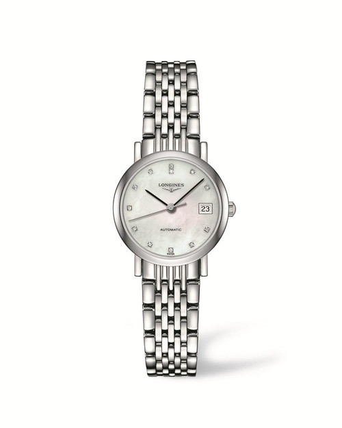 LONGINES THE LONGINES ELEGANT COLLECTION [L4.309.4.87.6], watch with a stainless steel bracelet and a round dial featuring diamond hour markers, date display, and automatic movement.