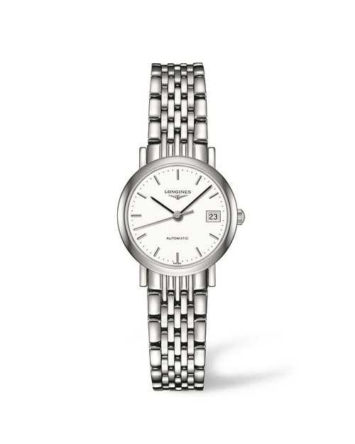 LONGINES THE LONGINES ELEGANT COLLECTION [L4.309.4.12.6], stainless steel wristwatch with white dial, silver hour markers, and date display at 3 o'clock.