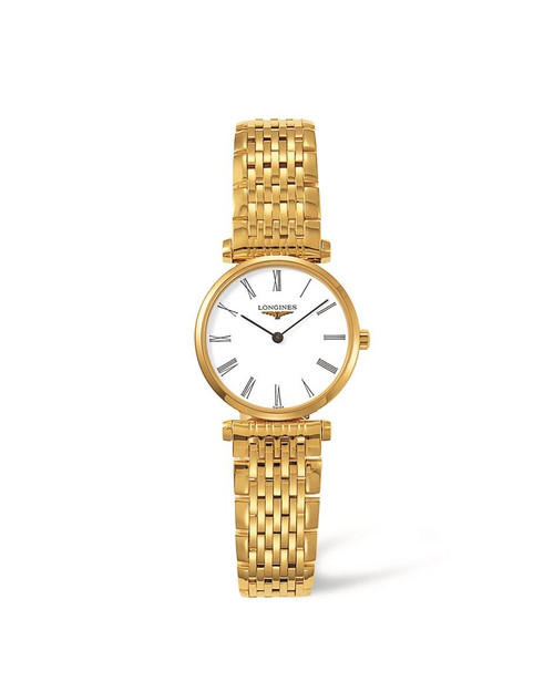 LONGINES La Grande Classique de Longines watch, gold stainless steel bracelet watch with white dial, Roman numerals, and slim hands.
