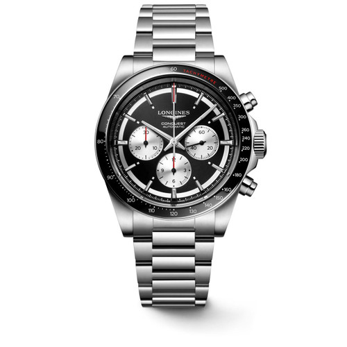 Longines Conquest, luxury men's stainless steel chronograph wristwatch with black dial, three subdials, white and red accents, and tachymeter bezel.