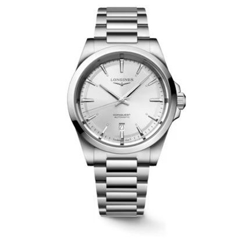 LONGINES CONQUEST L3.830.4.72.6 watch, silver stainless steel case and bracelet with a white dial, date window, and three chronograph sub-dials.