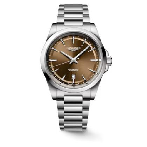 LONGINES CONQUEST watch, stainless steel case and bracelet with a brown dial and silver-tone hands and markers.
