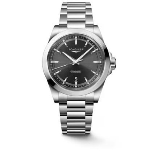 LONGINES CONQUEST [L3.830.4.52.6], image of a luxury stainless steel men's wristwatch with black dial, silver hour markers, and a date display at the 6 o'clock position.