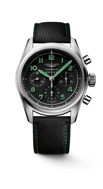 Longines Spirit [L3.829.1.53.2], men's chronometer wristwatch with black dial, green luminous numerals and hands, stainless steel case, chronograph sub-dials, black fabric strap with green stitching.