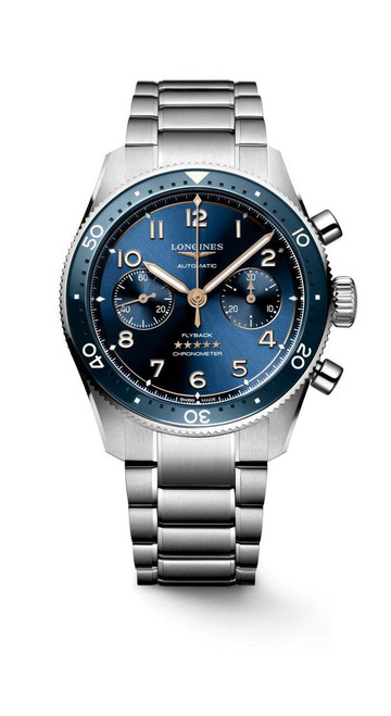 Longines Spirit Automatic Chronograph Watch, stainless steel case and bracelet with blue dial, chronograph subdials, and tachymeter scale for precise timing.