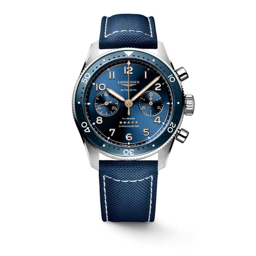 Longines Spirit [L3.821.4.93.2], men's luxury wristwatch with stainless steel case, blue dial, chronograph functions, leather strap, and automatic movement.