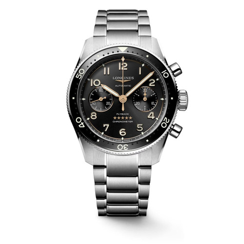 Longines Spirit, luxury stainless steel men's wristwatch with black dial, chronograph and date display.