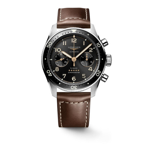 Longines Spirit [L3.821.4.53.2], men's luxury watch with black dial, chronograph, leather strap, and stainless steel case.