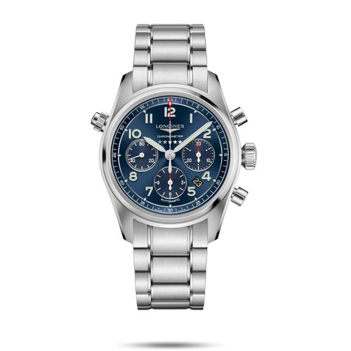 Longines Spirit [L3.820.4.93.6] men's luxury watch with stainless steel bracelet and blue dial, chronograph features, date display, and automatic movement.