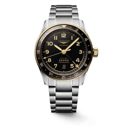 Longines Spirit, luxury men's watch featuring a black dial, gold accents, stainless steel bracelet, and a chronometer design.