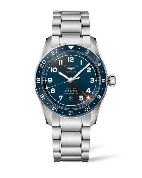 Longines Spirit [L3.812.4.93.6], a luxury men's wristwatch featuring a stainless steel bracelet and blue dial with chronograph functions.