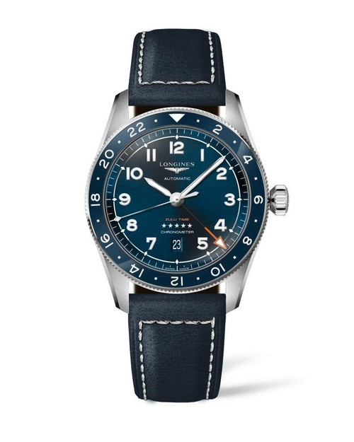 LONGINES SPIRIT [L3.812.4.93.2], men's luxurious automatic chronograph wristwatch with a blue dial and a leather strap.