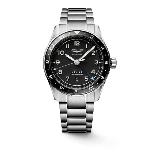 Longines Spirit [L3.812.4.53.6], men's luxury stainless steel wristwatch with black dial, luminous hands, date display, and blue seconds hand on a stainless steel bracelet.