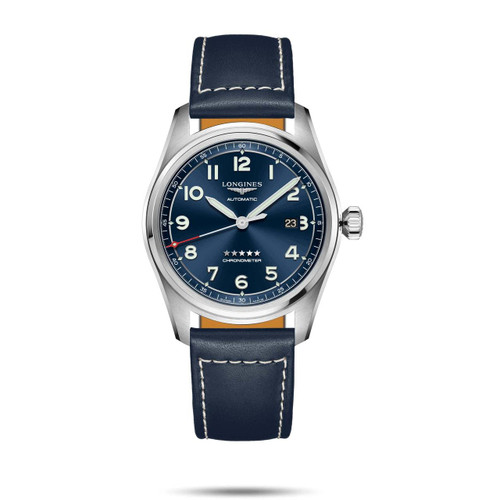 Longines Spirit, luxury men's automatic wristwatch with blue dial, stainless steel case, blue leather strap, and chronometer features.