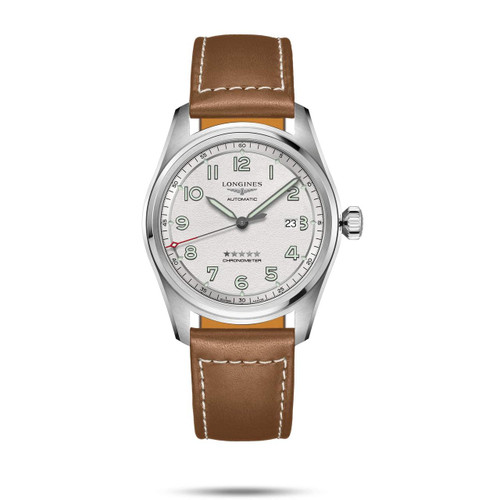 Longines Spirit, men's luxury watch with silver dial, brown leather strap, and chronometer features.