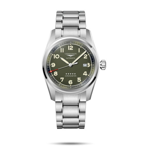 Longines Spirit Watch, stainless steel case and bracelet with green dial and luminous numerals.